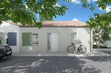 maison côté entrée facade avant avec fenêtres vertes ou bleues