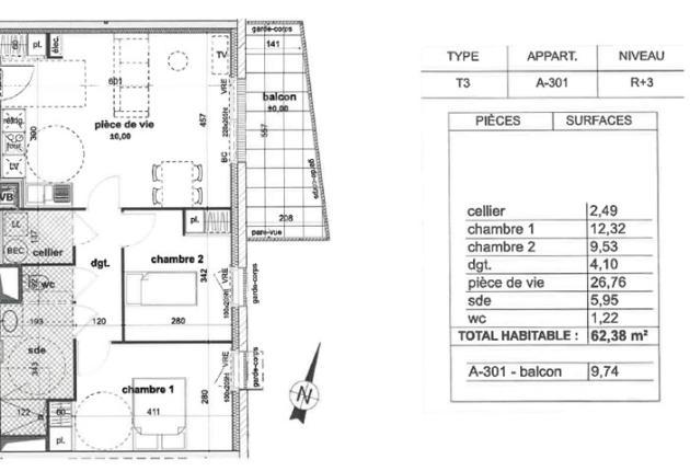 plan interieur appartement t3 62 m² coeur foch centre ville la roche sur yon
