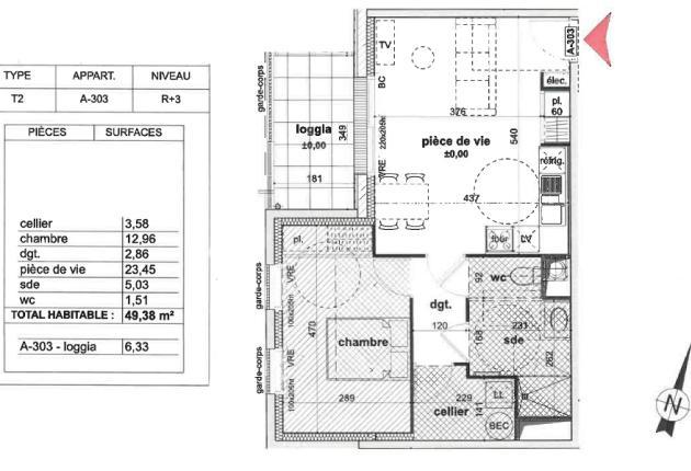 Plan T2 1 chambre A 303 49 m² Programme BRS Coeur Foche à La Roche sur Yon