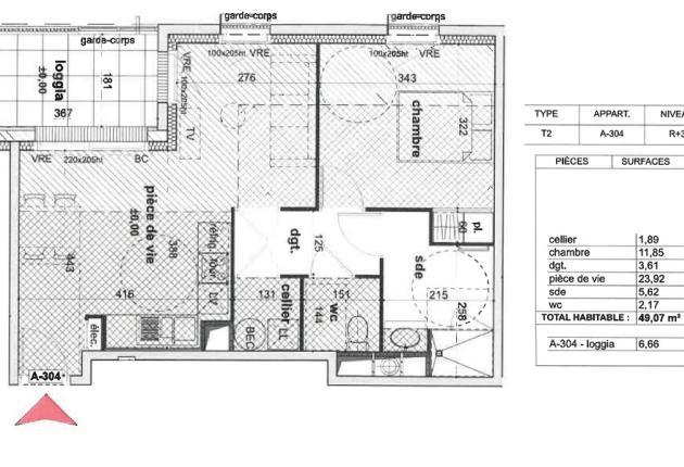 plan T2 49m² la roche sur yon coeur foch à vendre brs