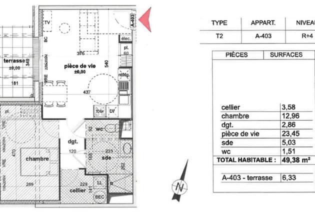 Plan intérieur T2 49 m² La Roche sur yon Coeur Foch centre ville appartement