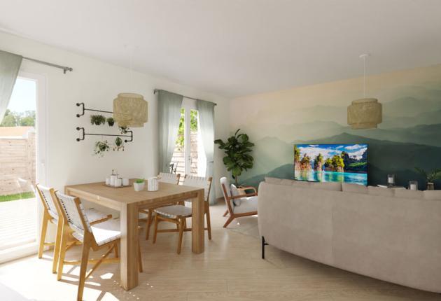 Séjour lumineux avec cuisine ouverte dans une maison T3 neuve à Saint-Pierre d’Oléron