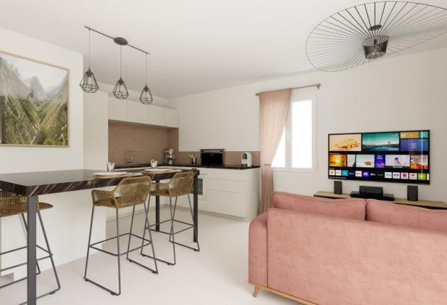 Séjour avec cuisine ouverte de 25 m² dans une maison T2 neuve à Oléron