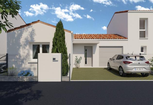 Façade avant d’une maison neuve deux chambres en accession sociale PSLA au Domaine du Ruisseau de L’Aumarière aux Herbiers