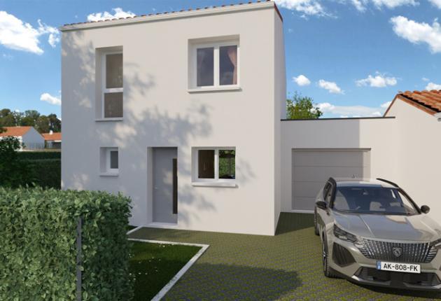 Façade avant de la maison neuve trois chambres lot cinq en accession sociale PSLA au Domaine du Ruisseau de L’Aumarière aux Herbiers