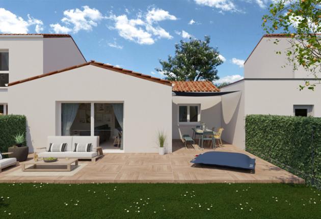 Façade jardin d’une maison neuve deux chambres proposée en accession sociale PSLA au Domaine du Ruisseau de L’Aumarière