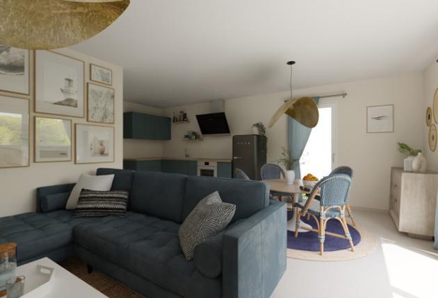 Pièce de vie lumineuse d’une maison neuve deux chambres en accession sociale PSLA aux Herbiers, Domaine du Ruisseau de L’Aumarière