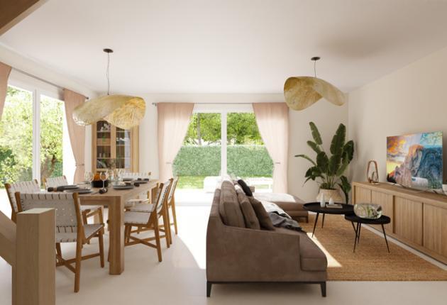 Pièce de vie lumineuse de la maison neuve trois chambres lot cinq en accession sociale PSLA au Domaine du Ruisseau de L’Aumarière