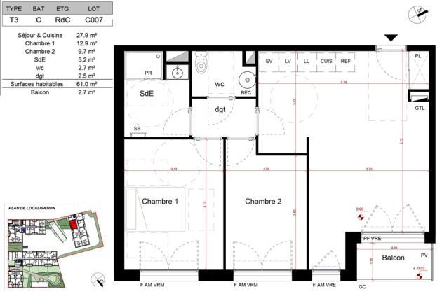 Appartement BRS neuf à vendre c007 T3 Aytré (17) plan intérieur